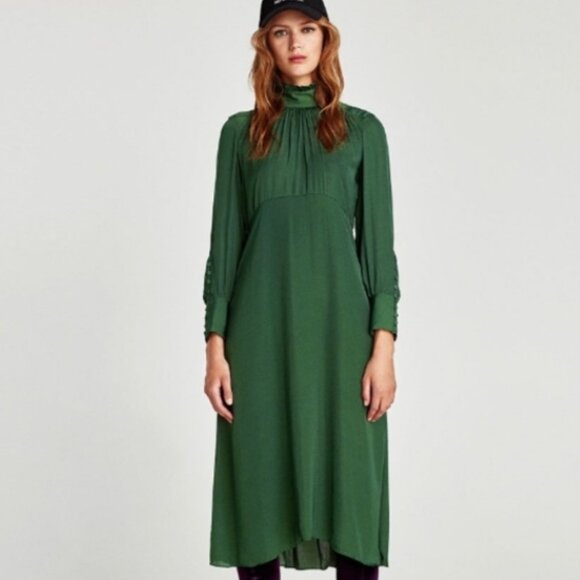 NWT ZARA Elegant Satin Long Sleeve Mock Neck Midi Dress Size Small $80